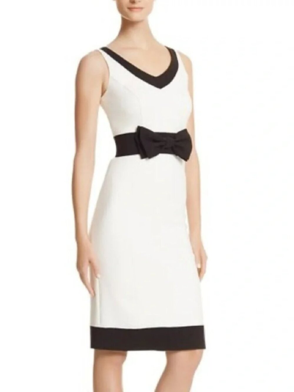 NWT White House Black Market Cream and Black Sleeveless Bow Belt Sheath Dress 4